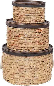 Water Hyacinth Storage Basket with Wood Lid - Handwoven Round Shelf Basket for Organizing, Rustic Woven Basket with Handle (Set of 3) for Living Room,bed room,Closet,Kitchen&Pantry