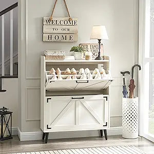 Barnyatoh Shoe Storage Cabinet with 2 Flip Drawers, Farmhouse Hidden Shoe Organizer, Narrow Slim Shoe Rack Cabinet for Entryway Hallway,Antique White
