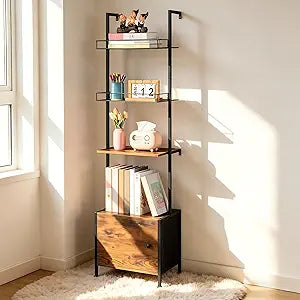 Vrisa 4 Tier Ladder Bookshelf with Drawers Wall Mounted Storage Shelves Wooden Ladder Shelf with Cabinet Display Bookcase for Living Room Bedroom Home Office Kitchen Brown