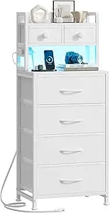 REAHOME 41 Inch Tall Nightstand with Charging Station, LED Night Stand with 6 Fabric Drawers, Bed Side Table with 3-Tier Wood Storage Shelves for Bedroom, Office, Small Spaces, White