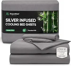 Silver Infused Bed Sheets Set, Temperature-Regulating Fabric with Self-Cleaning Technology for 3X Freshness Sleep, Genuine 100% Organic Viscose Derived from Bamboo (Queen, Darkgray)