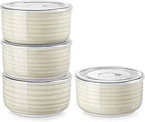 vancasso Bonbon Ceramic Bowls with Lids Set of 4, 36 oz Microwave Safe Soup Bowls, Airtight Food Storage Containers for Meal Prep, Salad, Cereal, Leftovers, Lunch, and Serving, Beige