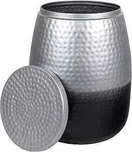 happimess SSL2001E Merida 15" Modern Rustic Hammered Metal Drum Storage Side Table with Lid, End Table for Decoration in Living Room, Bedroom, Bathroom, Silver/Black