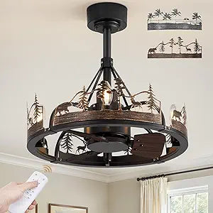 Fanbulous 20 Inch Farmhouse Rustic Ceiling Fan with Light and Remote, Black Chandelier Fan with Bear and Deer Design,Summer Sand Beach Design,Rustic Chandeliers for Living Room, Bedroom
