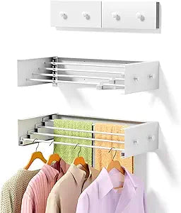 ZMBESUP Upgrade Small Wall Mounted Drying Rack with 4 Hooks, 23.6" Compact Foldable Laundry Rack for Apartment, Space Saving Collapsible Design, Includes Template for Small Bathroom & Balcony (White)