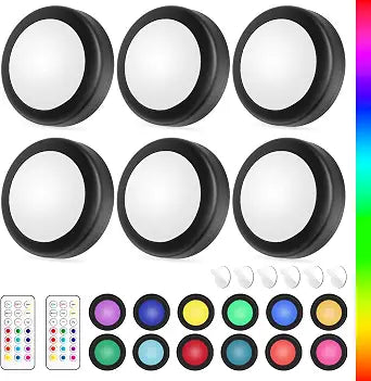 Yiliaw LED Puck Lights with Remote Control, AA Battery Operated, 12 Color Closet Under Cabinet Lighting, Push Tap Light, Under Counter for Kitchen, 6 Pack, Black-Magnetic