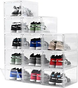 Large Shoe Boxes Clear Plastic StackableDrop Front Shoe Box with Clear Door, Shoe Containers For Sneaker Display,Fit up to US Size12