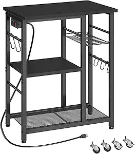YATINEY Movable Bakers Rack, Microwave Stand with Charging Station, Kitchen Storage Rack with Hooks and Basket, Casters and Adjustable Feet, for Small Space, Kitchen, Dining Room, Black HB04UBB