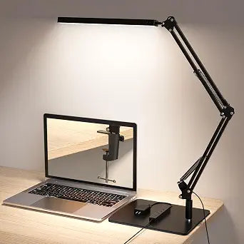 TROPICALTREE LED Desk Lamp for Home Office and Round Base, Clamp-On with 5 Light Modes & Auto Shut Off | 14W Adjustable Brightness 5000K Eye-Caring Lighting for Study/Bedroom/Computer Desk