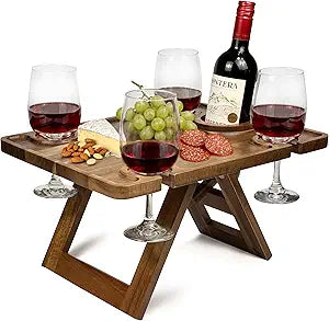Portable Wine Picnic Table in Acacia Wood, Wine Charcuterie Board with Glass Holders, Outdoor Folding Wine Table for Beach, Park & Indoor Use, Gift for Wine Lovers