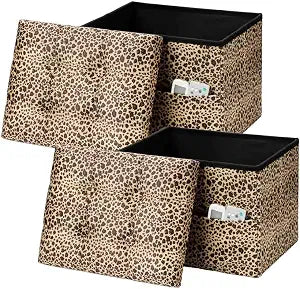 AmasSmile Ottoman with Storage,Folding Chest,17" Velvet,Leopard 2 Pack
