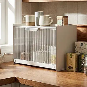 MOZIMABOX Cup Storage Cabinet, 2 Tier Coffee Station Organizer Countertop Organizer with Metal Frame and Acrylic Flip-Up Door, Mug Holder Countertop for Kitchen Countertops, Coffee Bars Storage