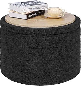 PINPLUS Round Storage Ottoman, Foldable Sherpa Ottoman Footstool Storage with Coffee Table for Living Room, Bedroom, Dorm (Dark Grey)