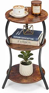 Vintage Small Round Side Table, 3-Tier Slim Waist Circular End Table with Storage Shelf, Compact Tea Sofa Table, Round Corner Coffee Table Nightstand for Living Room Bedroom Small Spaces,Rustic Brown