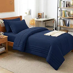 CozyLux Twin XL Comforter Set Navy Blue - 5 Pieces Bed in a Bag, Modern Vertical Quilted Room Decor, Soft All-Season Bedding Gift with Comforter, Sheets, Pillowcase & Sham