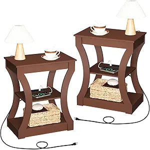 MAHANCRIS End Tables Living Room Set of 2, Cherry End Table with Charging Station, Nightstand for Bedroom, 3 Tier Side Table with Storage Shelf for Living Room, Modern Bedside Table, ETWA53E01S2