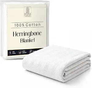 Kotton Culture Luxury Cotton Blanket for King Size - Breathable Herringbone Blanket,All Season Bed Layering,350 GSM Cozy Soft Thermal Bed Blanket fits California King Size Bed,106" x 92" -White