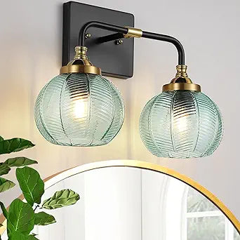 Art Deco Black and Gold Bathroom Light Fixtures,2-Light Bathroom Vanity Light Over Mirror with Green Ribbed Glass Shade,Modern Farmhouse Wall Sconces Lighting for Kitchen Living Room