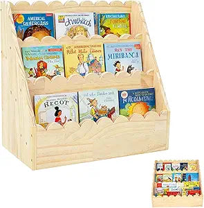 Kids Bookshelf-3-Tier Wooden Book Shelf for Kids Rooms(17.72*16.54*10.63inch),Nursery&Toddlers Montessori Bookcase with Deep Storage Pockets, Baby Book Storage,Children's Bookshelf for Nursery&Bedroom