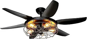 Ohniyou Ceiling Fans with Lights and Remote - 52 Inch Farmhouse Ceiling Fan with Caged Light Fixture - Black Industrial Outdoor Ceiling Fan Lights for Patio, Living Room, Kitchen & Bedroom