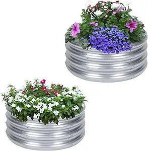 PINPON 2-Pack Galvanized Raised Garden Bed 2x2x1 ft, Round Metal Planter Box Outdoor for Vegetables Flowers, Heavy-Duty Rust-Resistant, Also Use as Fire Pit Ring for Backyard Camping