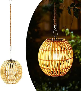 Livinlarge Hanging Solar Lantern Outdoor Waterproof, Large Solar Rattan Lantern Outdoor with Twine Handle, Bright Outdoors Hanging Lights with Edison Bulb for Garden Patio Yard Decoration