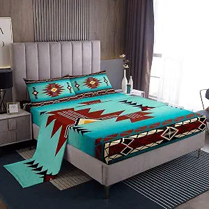 Southwest Bed Sheet Queen Size,Geometric Aztec Tribal Striped Print Fitted Sheet Rustic Western Bedding Set for Kids Girls Woman Men Room Decor,Adult Retro Turquoise Red Top Flat Sheet 4Pcs