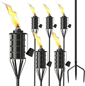 Upgraded Citronella Garden Torch Set of 6, Large Capacity 16oz Metal Torch for Outside, 59.5 Inch Black Home Torches with 3-Prong Grounded Stake,Metal Flame Torch Light for Party Patio Pathway