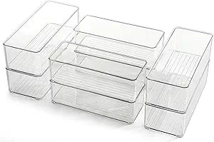 Hudgan 8 Pack Clear Plastic Drawer Organizers Set, Stackable Deep Drawer Organizer for Makeup Vanity and Desk, 2 Sizes Tall Bathroom Drawer Organizer