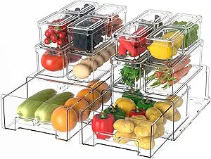 damynuo 14Pack Fridge Organizer Bins, Clear Refrigerator Organizing Containers with Lids and Refrigerator Drawers, Stackable Food, Vegetable and Fruit Containers for Fridge Organizers and Storage