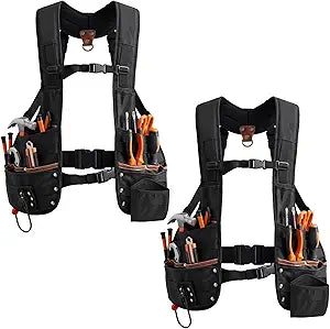 2 Pack Tool Vest with Leather, 33 Pockets with Removable Nail Pouch and Drill Holster Bag Heavy Duty Tools Belt Fully Adjustable for Men Women Electrician Construction Carpenters