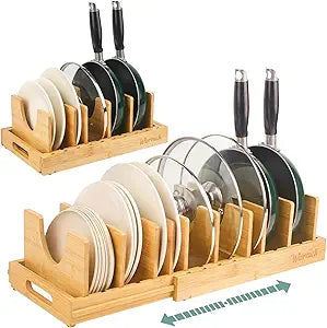 Wisreach Bamboo Pot Lid Organizer, Adjustable Kitchen Organizer for Cabinet, Expandable Pot and Pan Storage Rack, Kitchen Organization for Lids, Bakeware, and Cutting Boards