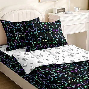 Kids Comforter Set,Zipper Bedding Twin for Teen,Black Cats Printed Comforter Set with Paw Fitted Sheets and Pillowcases for All Season(Cats-C)