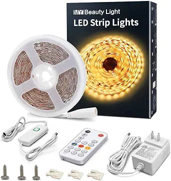 MY BEAUTY LIGHT LED Strip Lights Warm White,16.4ft Dimmable LED Light Strip with RF Remote,300 Bright 3000K 2835 LEDs,Plug-in Adhesive Rope Lights with Timing Mode for Living Room Bedroom Kitchen