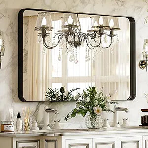 VooBang Bathroom Mirror 24x32 inch, Black Gorgeous Deep Frame Wall Mirror, Modern Round Corner Bathroom Vanity Mirror for Bedroom, Living Room, Hanging or Leaning Horizontal or Vertical, Black