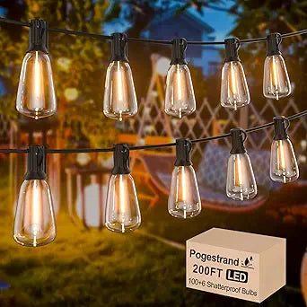 LED Outdoor String Lights 200ft ST38 Waterproof Patio Lights with 106 Vintage Shatterproof Bulbs(6 Spare), Dimmable Outside Hanging Edison String Lights for Backyard Porch Balcony Decor, Warm White