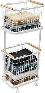 Large Laundry Baskets, Dirty Clothes Hamper with Wheels,Rolling Wire Laundry Basket Organize,2 Removable Wire Storage Metal Clothes Hamper Organizer for Laund Room, Bathroom, Bedroom, Dorm, White
