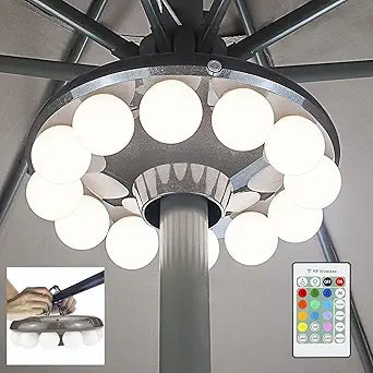 LUXSWAY Patio Umbrella Lights Battery Operated,12 Color Changing Outdoor Umbrella Light for Pole with Remote,48 LEDs,4 Modes,4 Timer Setting,10 Inch Camping Hanging Lights
