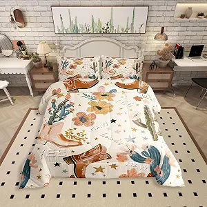 Manfei Cowgirl Comforter Set Twin Size, Country Western Cowboy Boots Brown Bedding Set 2pcs for Kids Boys Girls Room Decor, Wild West Cactus Flower Down Comforter with 1 Pillowcase, No Sheets