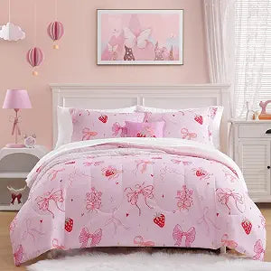 Wink Deer Twin Comforter Set for Girls-3 Pieces Pink Bow Twin Bedding Sets for Kids, 1 Comforter, 1 Sham and 1 Decor Pillow