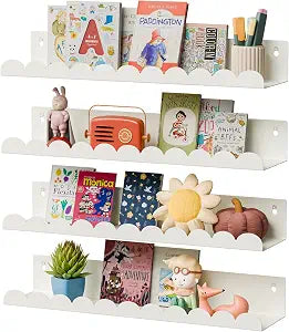 Nursery Book Shelves,Kids Wall Bookshelf Toy Storage,17 Inch Metal Floating Shelves Set of 4,Wall Shelves for Bedroom, Kids Room,Bathroom,Kitchen,Playroom Decor,Nursery Decor (White Metal, 17 inch)