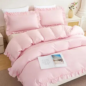 Queen Ruffled Duvet Cover Set Pink Comforter Cover Set 3 Pieces