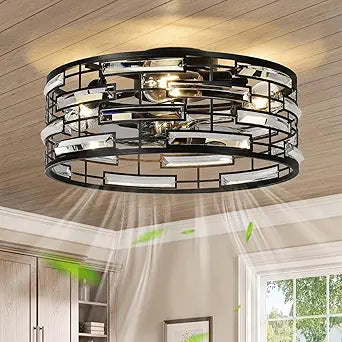 Crystal Caged Ceiling Fan with Light, 18.9'' Flush Mount Low Profile Fandelier, Black Industrial Farmhouse, Remote Control with 6 Speeds & Timer, Quiet for Bedroom Kitchen Living Room Dining