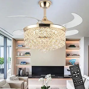 WWahuayuan 42" Ceiling Fans with Lights and Remote, Modern Retractable Invisible Chandelier Ceiling Fan Light with 4 Retractable ABS Blades for Bedroom Living Room Dining Room Decoration