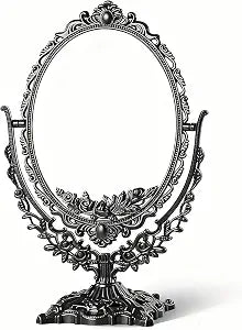 Vintage Black Tabletop Makeup Mirror, Ornate Antique Oval Swivel Vanity Mirror with Floral Carved Frame, Freestanding Decorative Dresser Mirror for Bedroom Bathroom Decor