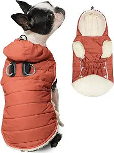 Vecomfy Fleece Lining Dog Hoodie with Harness Built in,Extra Warm Medium Dog Jacket in Winter Doggie Coats with Drawstring Hooded,Orange XL