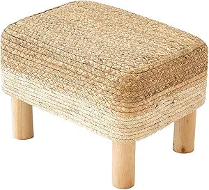 Ottoman Foot Stool Rectangular Footrest Natural Seagrass Footstool with Wooden Legs Hand Weave Multifunctional Modern Dressing Stool, Sofa Side Table for Bedroom for Living Room (White)