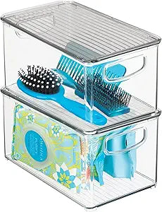 mDesign Deep Plastic Bathroom Storage Bin Box, Lid/Built-in Handles, Organization for Makeup, Hair Styling Tools, Toiletry Accessories in Cabinet, Shelves, Ligne Collection, 2 Pack, Clear/Smoke Gray