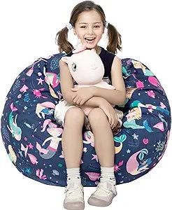LOLOMLO Stuffed Animal Storage Bean Bag Chair Cover, Hold Kids Plush Toys Blankets Towels Beanbag (Cover Only), Canvas Floor Circle Stuff Sit Seat Sofa with YKK Zipper, Large 32",