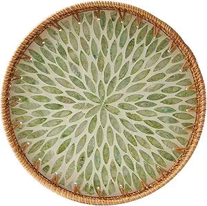 Round Rattan Tray with Mother of Pearl Inlay, Rattan Serving Tray with Wooden Base, Decorative Wicker Basket for Table Decor, Storage and Display of Coffee Bread Food Fruit (Leaf 13.5")
